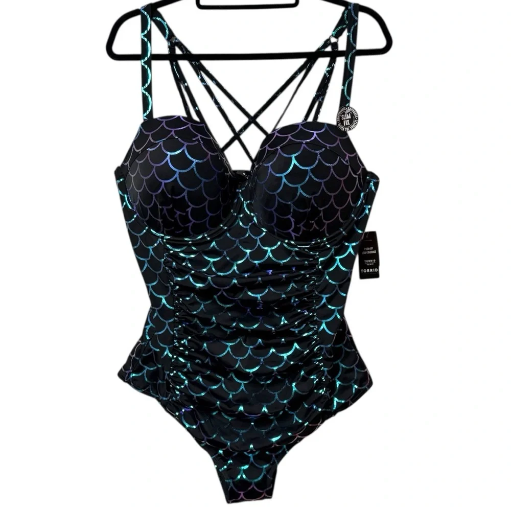 Torrid Black w/ Mermaid Scale Swimsuit Sz 2X NWT - Picture 1 of 8